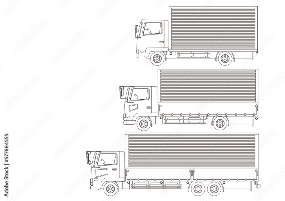 8tトラックと4tトラックと2tトラックの大きさ比較の線画