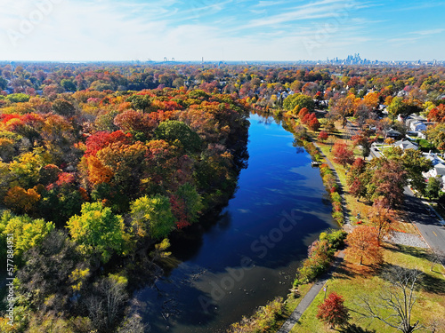 Aerial View of a Lake and Trees in Fall Colors
