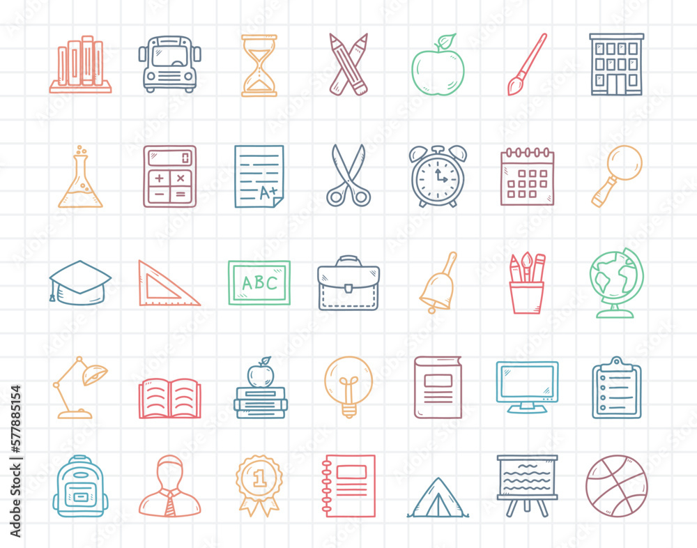 Set of colored school doodle icons on squared paper background Set of colored school doodle icons on squared paper background