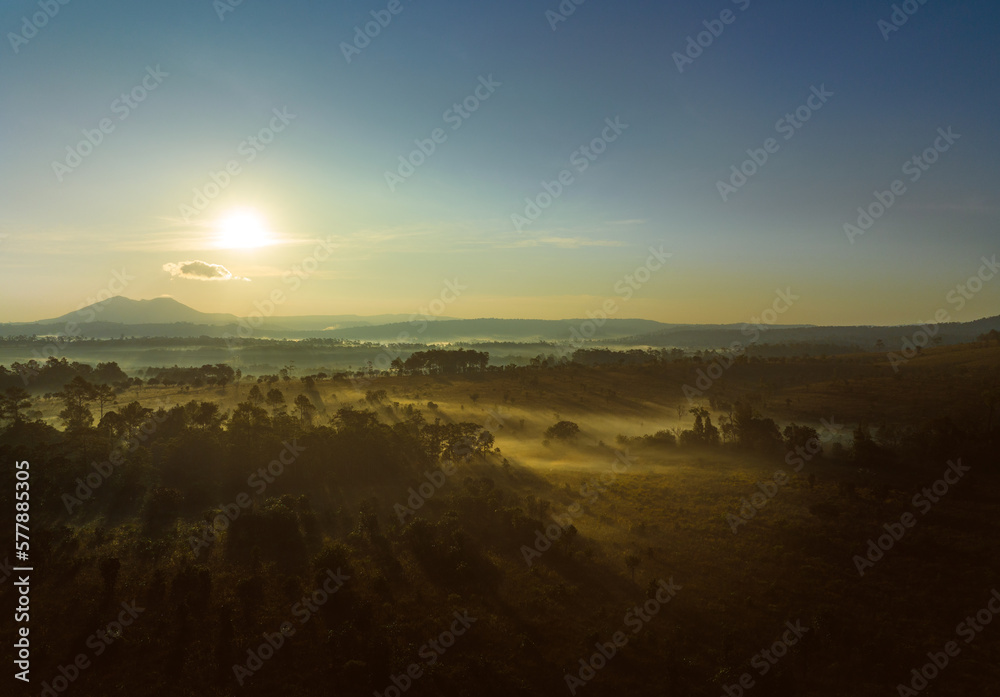 Beautiful and fertile forest landscape, winter During a foggy sunrise morning in Thung Salaeng Luang National Park, Thailand. Travel concept.