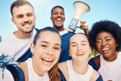 Cheerleader selfie, sports portrait or happy people cheerleading with support, hope or faith in game. Team spirit, fitness or group of excited cheerleaders with pride, goals or solidarity together