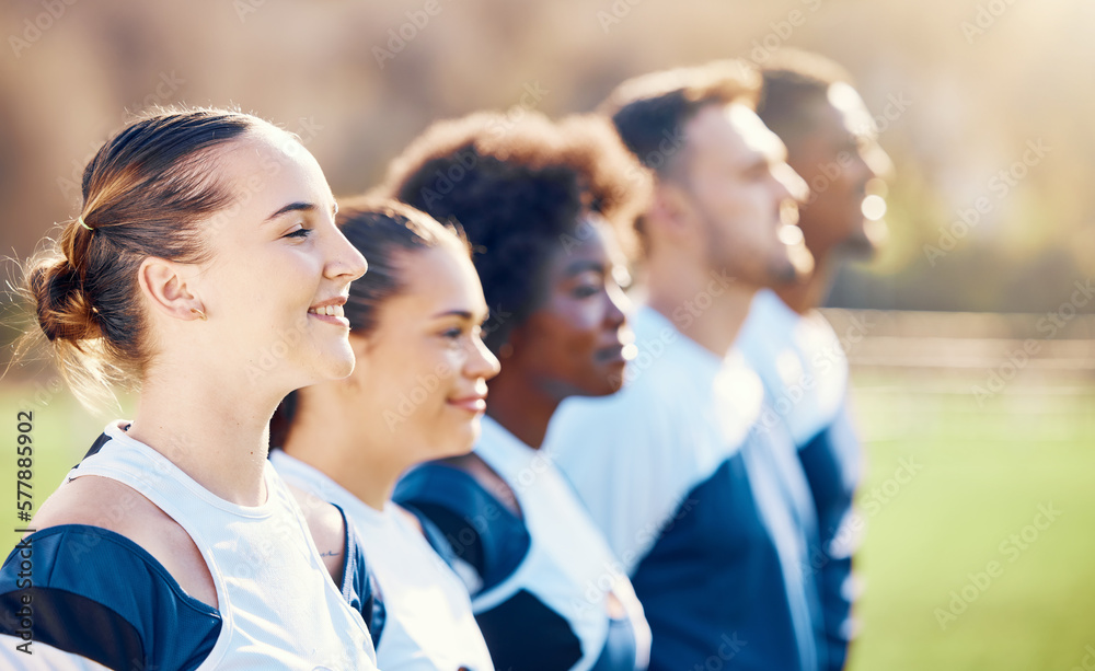 Fototapeta premium Cheerleaders, sports line or people cheerleading with support, hope or faith on field in match game. Team spirit, blurry or happy young group of athletes with pride or solidarity standing together