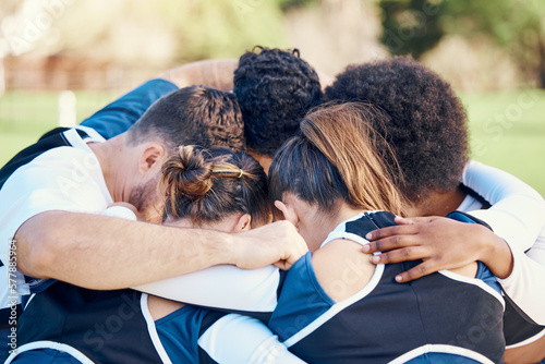 Konstfotografi Cheerleaders, sports teamwork or people in huddle with support, hope or faith on field in game together
