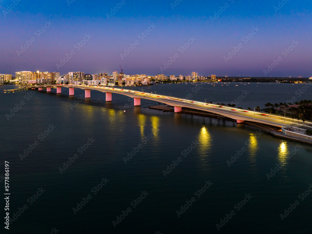 Evening aerial image of the Sarasota, Florida Skyline and Bridge Across Sarasota Bay