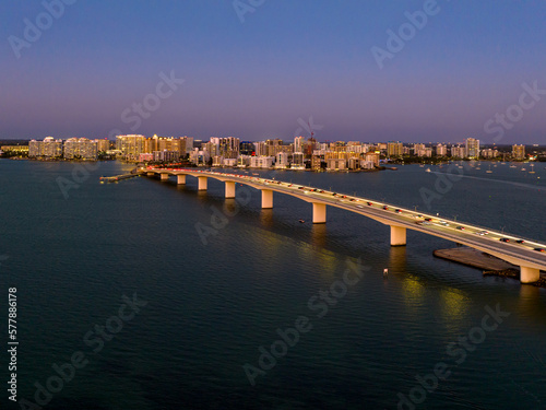 Evening aerial image of the Sarasota, Florida Skyline and Bridge Across Sarasota Bay © Thomas