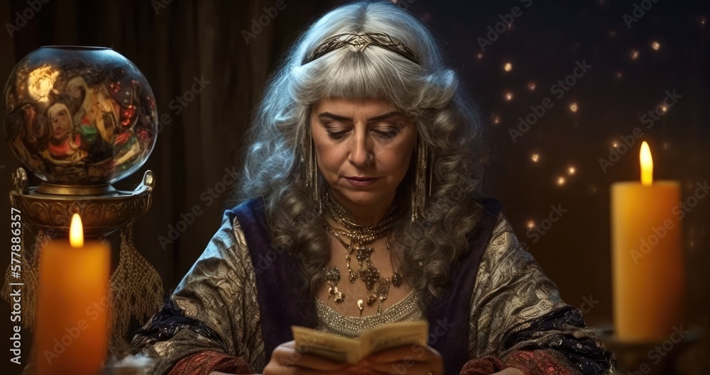 portrait of a female mature psychic with a burning candle reading tarot. Generative AI