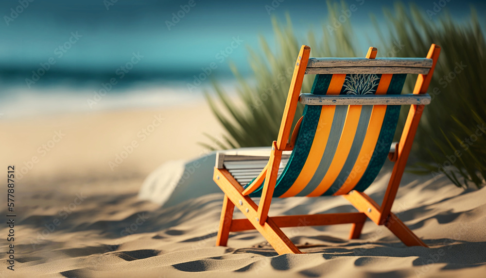 Beach chair on the sandy beach. Sea view. Generative AI Beach chair on the sandy beach. Sea view. Generative AI