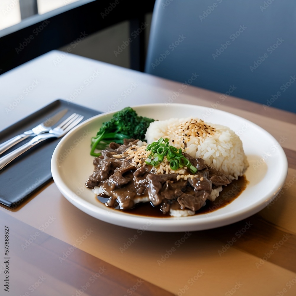 Beef Bulgogi Topped with Sesame Seeds and Green Onions with a Side of Rice and Vegetables Generative AI Beef Bulgogi Topped with Sesame Seeds and Green Onions with a Side of Rice and Vegetables Generative AI