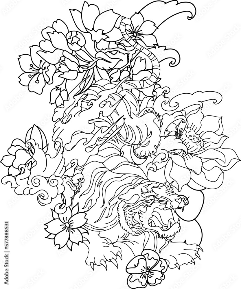 colorful traditional tattoo style Tiger face with cherry blossom and hibiscus flower on could and red rising sun background.Chinese Tiger roaring tattoo.Traditional Japanese culture for printing colorful traditional tattoo style Tiger face with cherry blossom and hibiscus flower on could and red rising sun background.Chinese Tiger roaring tattoo.Traditional Japanese culture for printing