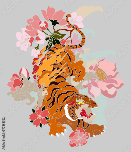 colorful traditional tattoo style Tiger face with cherry blossom and hibiscus flower on could and red rising sun background.Chinese Tiger roaring tattoo.Traditional Japanese culture for printing