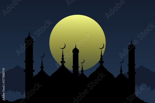 ramadan kareem background on sunset and silhouette of mosque