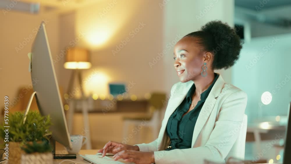 Night, business and black woman with computer, typing and data ...