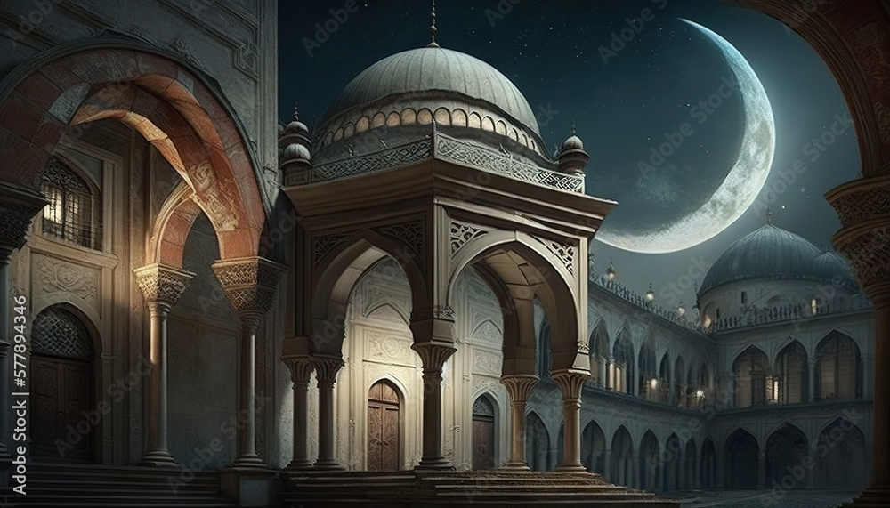 Ramadan's celebration background with Mosque and crescent moon at night, generative ai