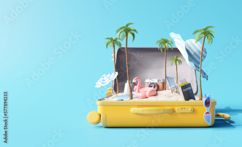 Creative summer beach composition in suitcase on blue background. travel concept idea. 3d rendering