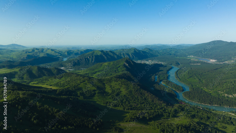Landscape of mountains and rivers in summer. Aerial view Landscape of mountains and rivers in summer. Aerial view