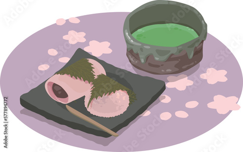 桜餅と抹茶のアイソメトリックベクターイラスト