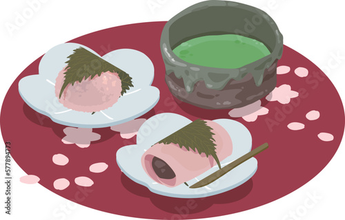 桜餅と抹茶のアイソメトリックベクターイラスト