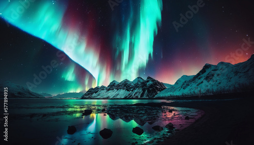 Colorful aurora borealis in the night sky. Generative AI © Modern Arts