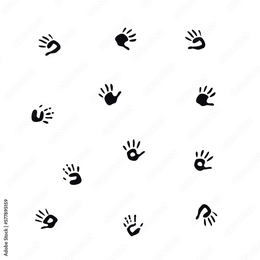 Flat vector painting tools in childish style. Hand drawn hand print, palm silhouette