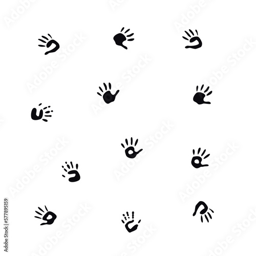 Flat vector painting tools in childish style. Hand drawn hand print  palm silhouette