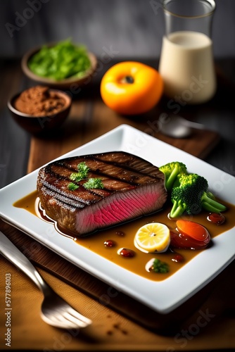 Grilled beef with vegetables and soup - 3D Illustration