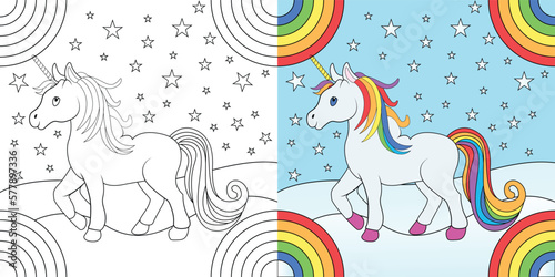 Unicorn vector coloring pages with black, white and colorful.
