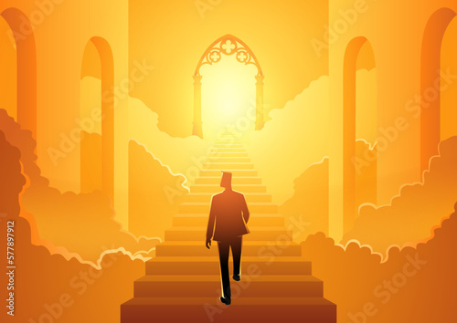 Fotografia Vector illustration of a man climbing the stairs to heavens gate