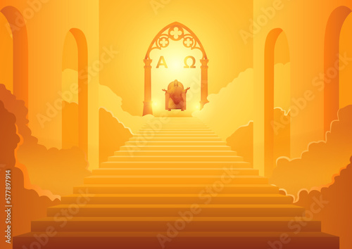 Biblical silhouette illustration series, Jesus sits on the throne with the symbols alpha and omega, the second coming of Jesus Christ photo