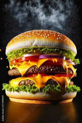 Yummy, huge hamburger. Professional food photo. Background or poster. Generative AI.