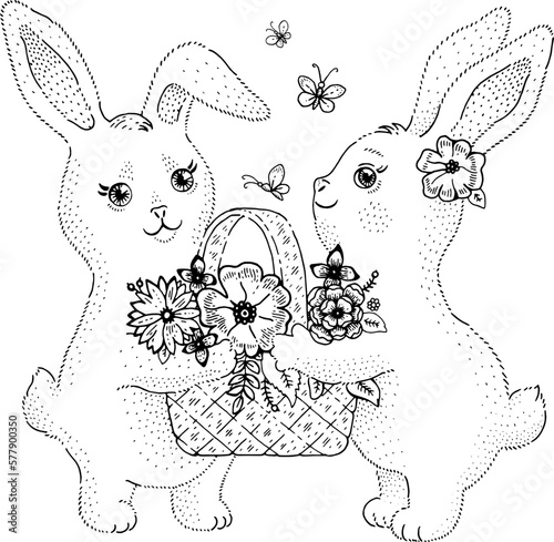 Easter vintage bunny art. Happy rabbit background. Vector farm sketch of hunt basket. Cartoon flower drawing. Cute doodle animal banner. Funny baby Easter art. Bunny rabbit with basket illustration