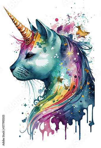 watercolor caticorn, Meowgical, Unicorn Cat png, watercolor cat png, Unicorn png, Generative AI
