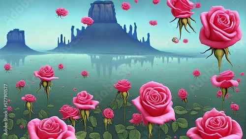 Roses dream conceptual. A cluster of pink roses floating above an emerald green lake. with monument valley mountain as background. Ai generated.