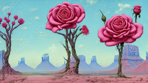 Roses dream conceptual. The large pink rose trees glowing in the desert with monument valley mountain as background. Ai generated.