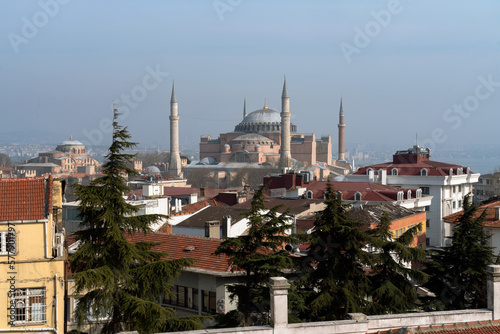 View of the Hagia Sophia Grand Mosque from the roof of a house on a sunny day, Istanbul, Turkey