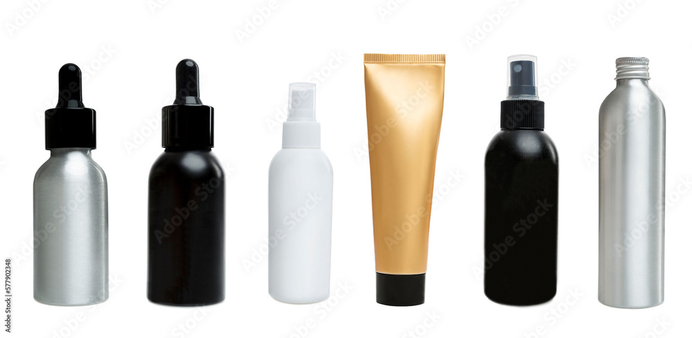 Bottles and tubes with cosmetics without labels in gold, white, black and silver. Set, collage. Medicine, cosmetology and self-care. Isolated on white background. Panorama format. Space for text. Bottles and tubes with cosmetics without labels in gold, white, black and silver. Set, collage. Medicine, cosmetology and self-care. Isolated on white background. Panorama format. Space for text.
