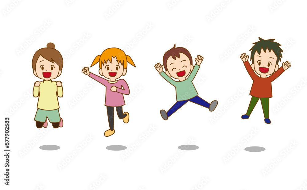 元気にジャンプするこどもたち　複数