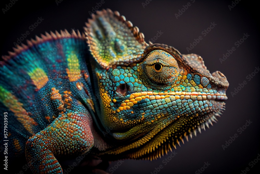 Obraz premium Close up of a chameleon with a black background. Generative AI, Generative, AI