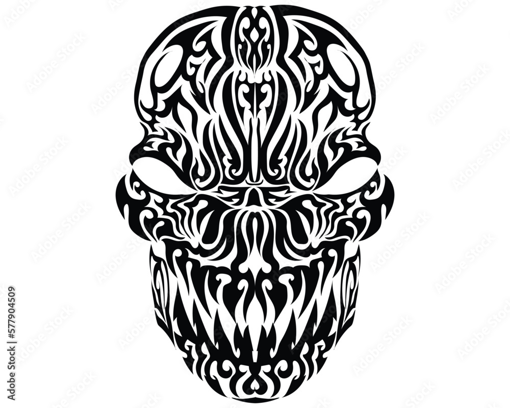 silhouette vector design black and white a symbol of traditional tattoo carving of an inland tribe on the skull which is made in such a way across the surface of the skull's face to form a beautiful 
