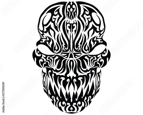 silhouette vector design black and white a symbol of traditional tattoo carving of an inland tribe on the skull which is made in such a way across the surface of the skull's face to form a beautiful 