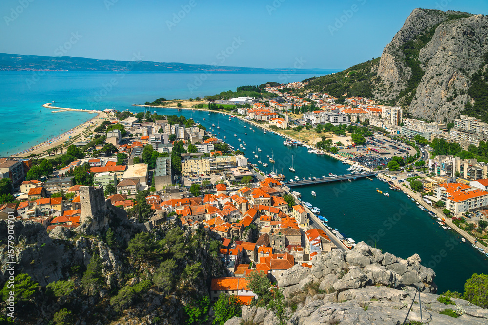 Omis cityscape with Cetina river view from the climbing route