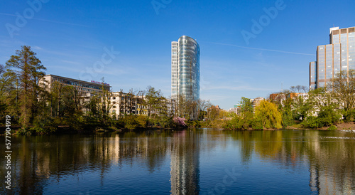 VIew to the city buildings and reflections in lake