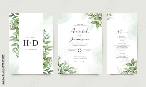 Beautiful wedding invitation set with green leaves