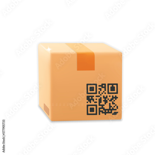 3d vector fast service delivery mobile app mockup element qr code on brown parcel cardboard cargo box design