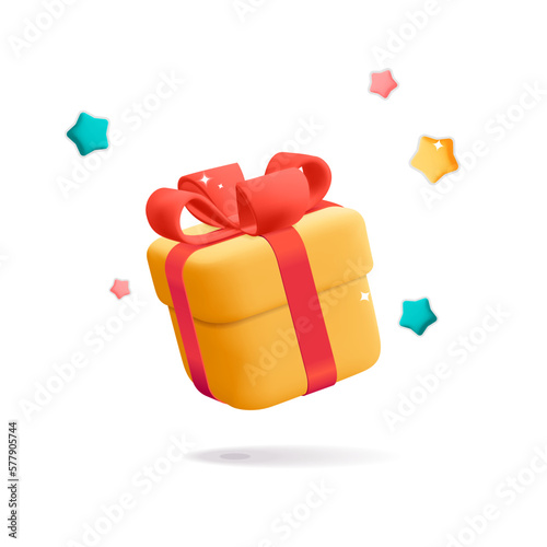 3d vector plastic cartoon render flying yellow square closed present gift box with red ribbon bow  and stars explosion icon design