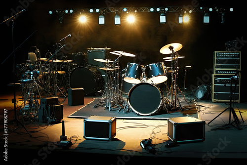illuminated empty stage with drums, microphones, amplifiers, and other equipment mounted on it