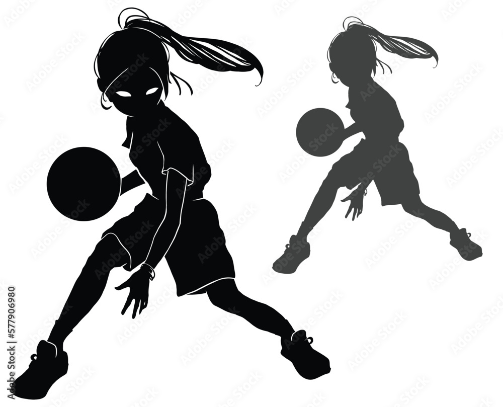A black silhouette of a cute anime basketball player girl, she is in a