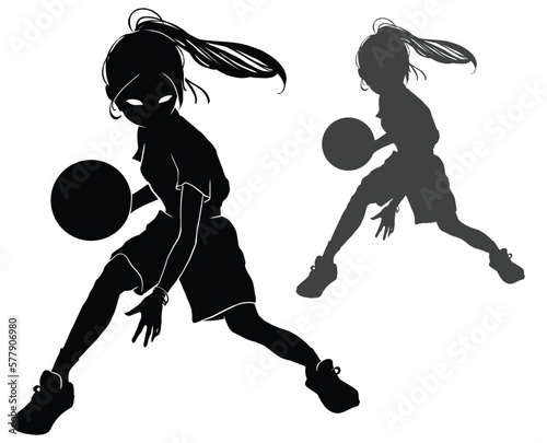 A black silhouette of a cute anime basketball player girl, she is in a dynamic pose with a sword in her hand, dressed in shorts, a T-shirt and colorful, she has long hair in a tail. 2d art