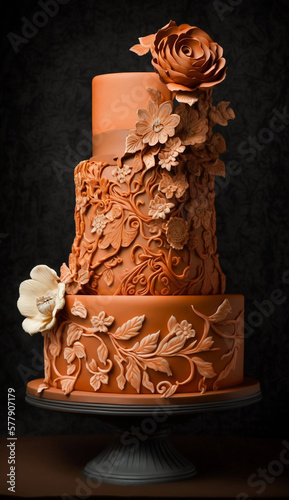 Burnt orange wedding cake. Burnt orange themes wedding ideas. Created with generative AI technology. photo