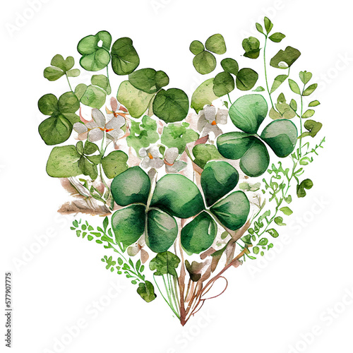 Shamrock leaves in the heart shape, St Patrick's day, Watercolor clover leaves, watercolor spring background, Generative AI