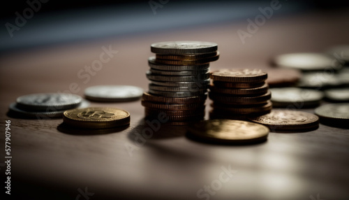 Closeup of a stack of coins on a wooden table, soft morning light, copper, nickel, gold, silver, macro photography, bokeh, created with generative AI technology